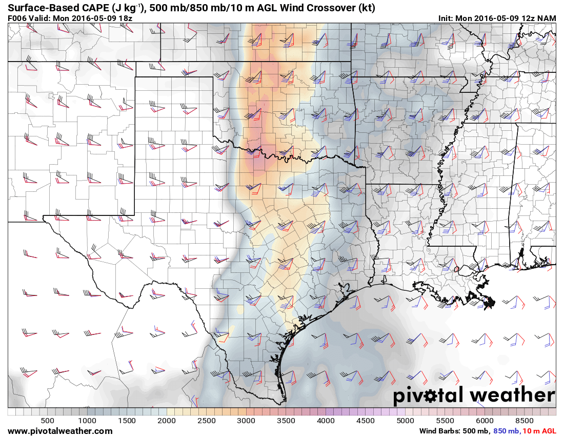 May 9, 2016 12z NAM 6hour 850/500mb winds crossovers/Surface based CAPE