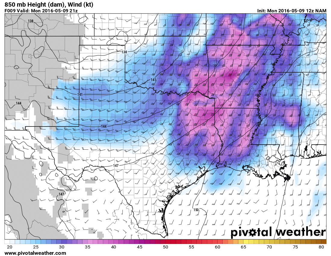 May 9, 2016 12z NAM 9hour 850mb Winds