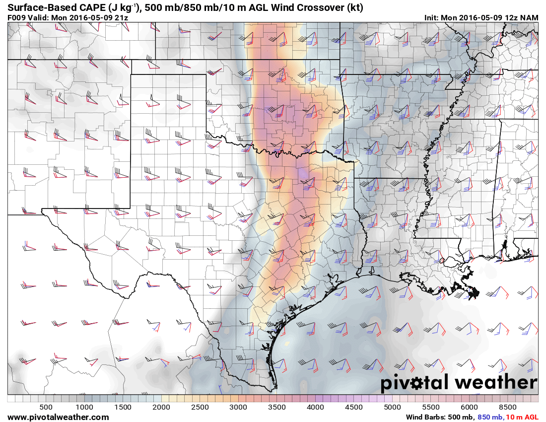 May 9, 2016 12z NAM 9hour 850/500mb crossovers and SBCAPE