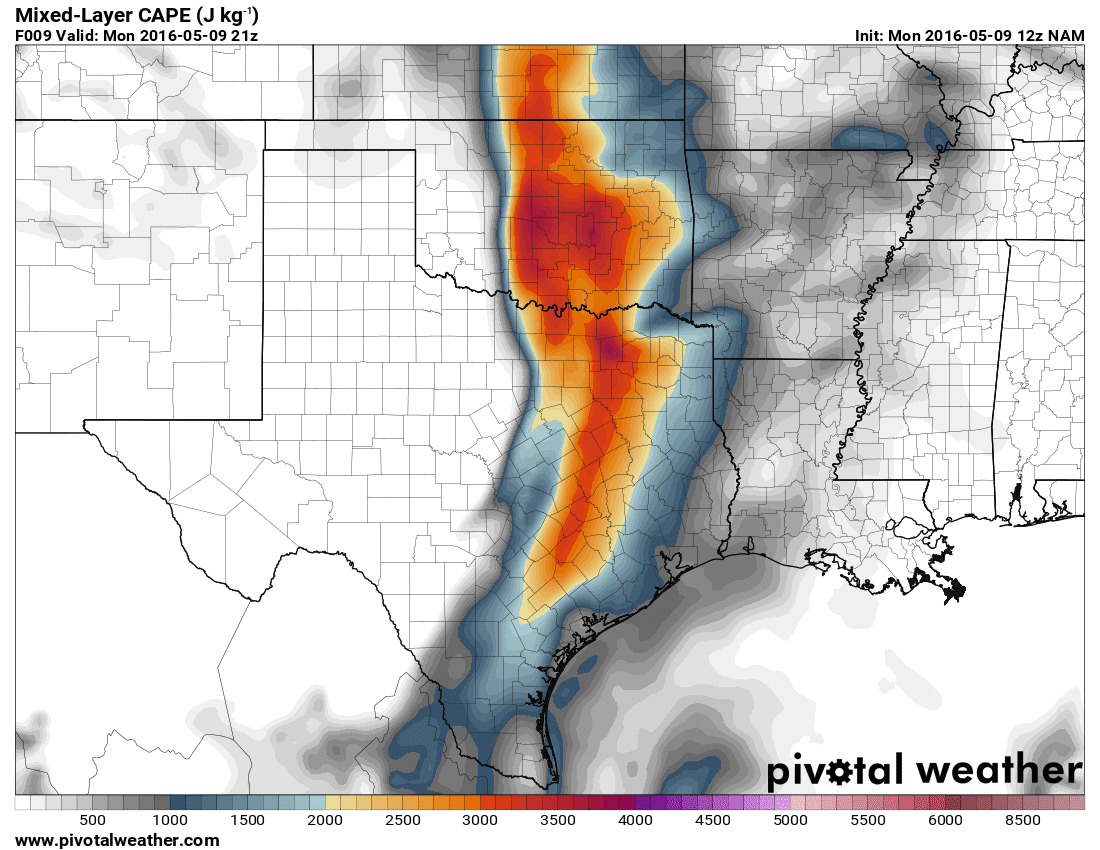 May 9, 2016 12z NAM 9hour MLCAPE