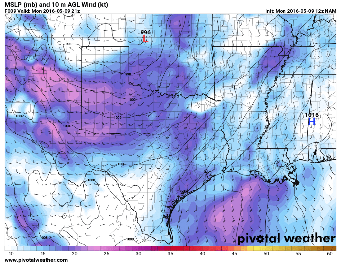 May 9, 2016 12z NAM 9hour Surface Winds MSLP