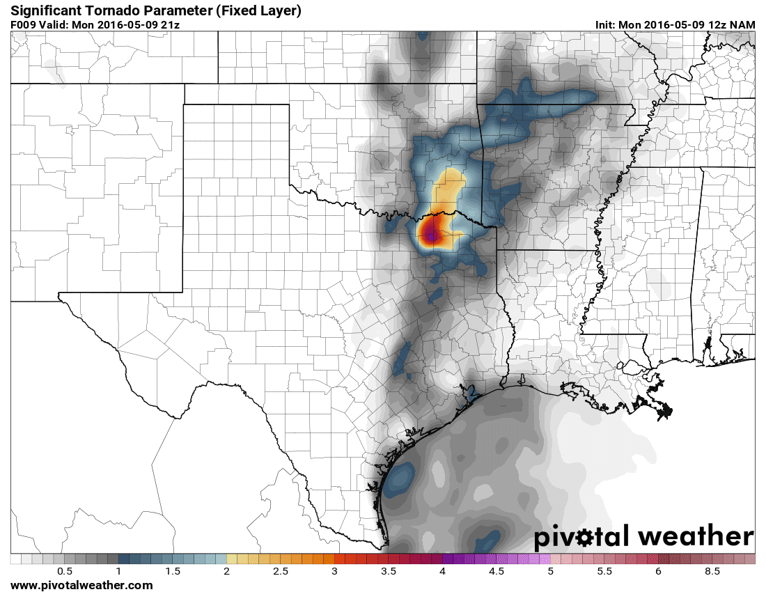 May 9, 2016 12z NAM 9hour Signifcant Tornado Parameter