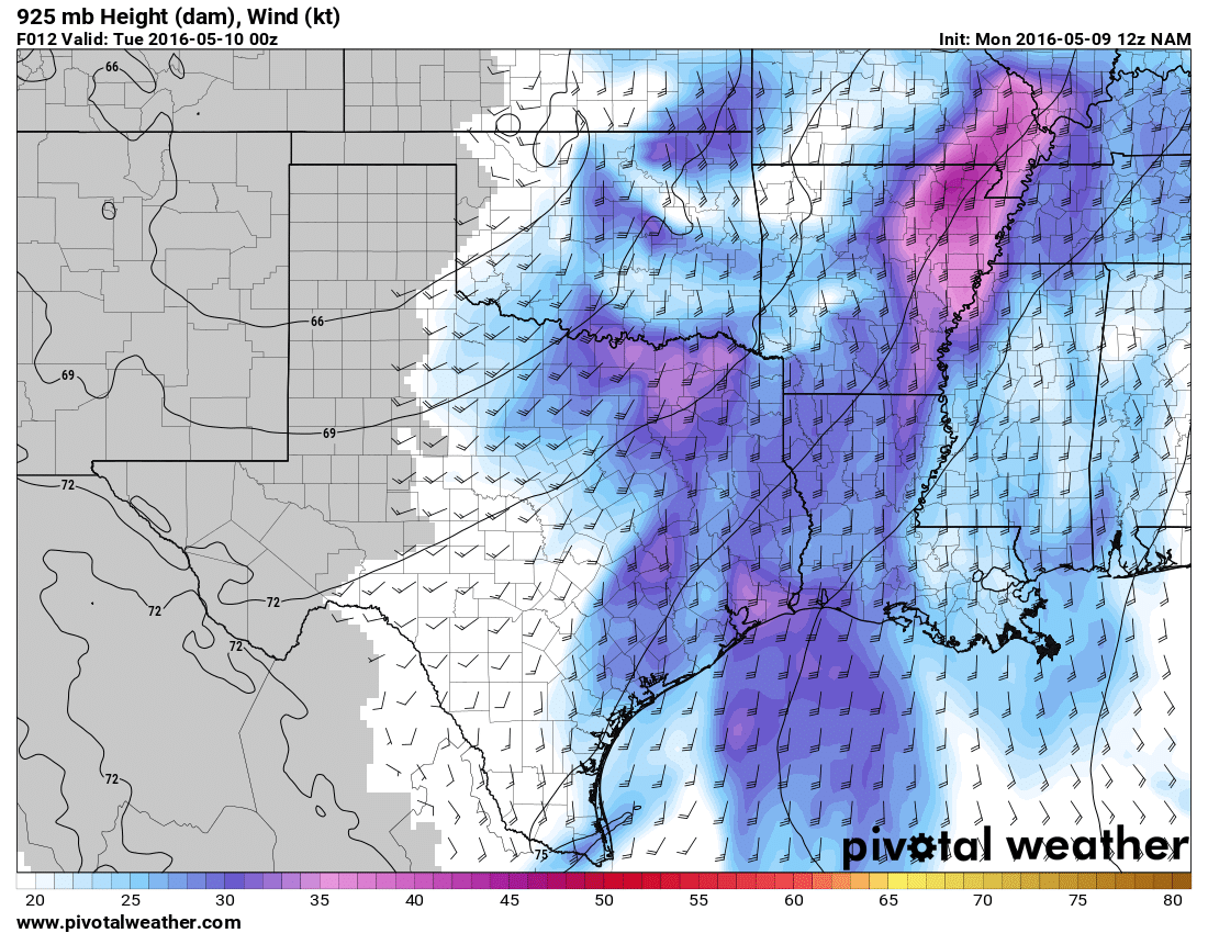 May 9, 2016 12z NAM 12hour 925mb winds