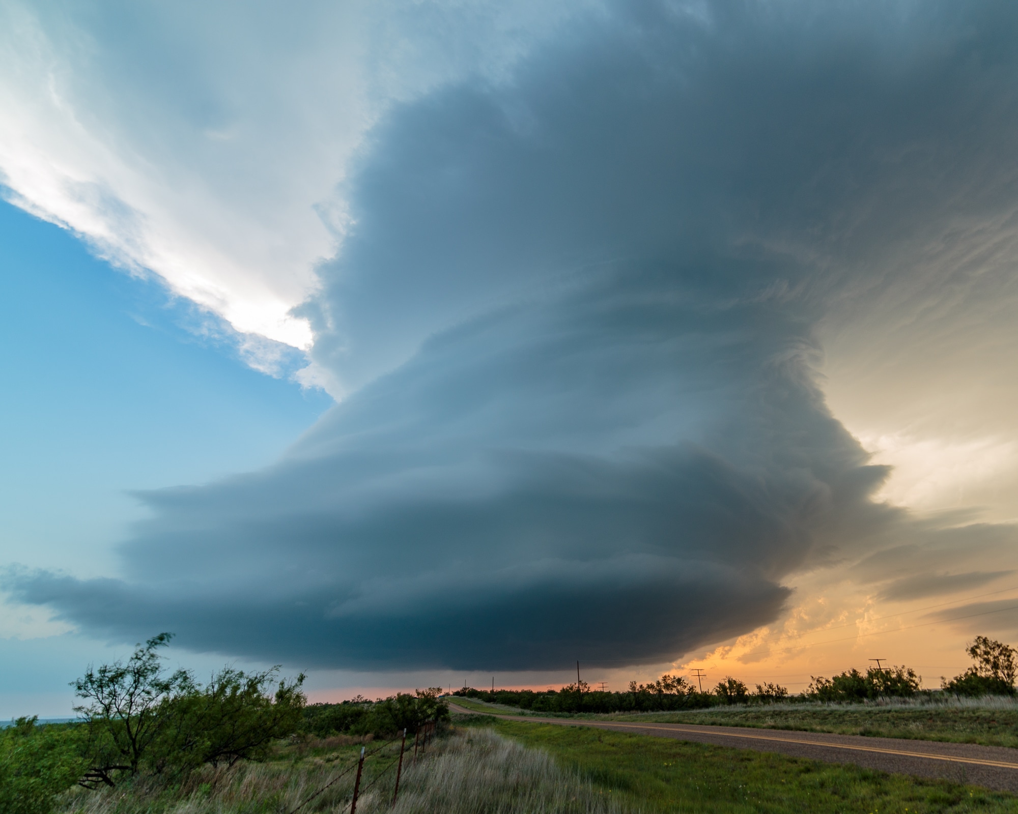 Supercell at sunset near Turkey, TX on May 23, 2015. This storm was a huge lightning producer and also produced a tornado right after dark.