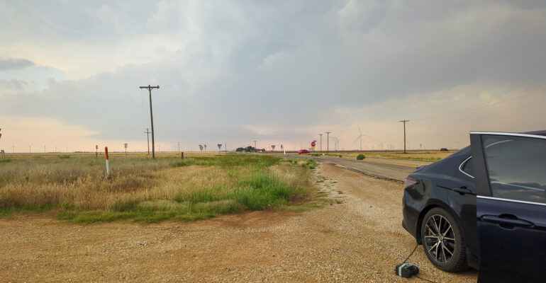 Filling up my tire amonst a storm