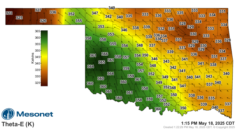Theta-E From Oklahoma Mesonet on May 18, 2025 at 1:15 pm