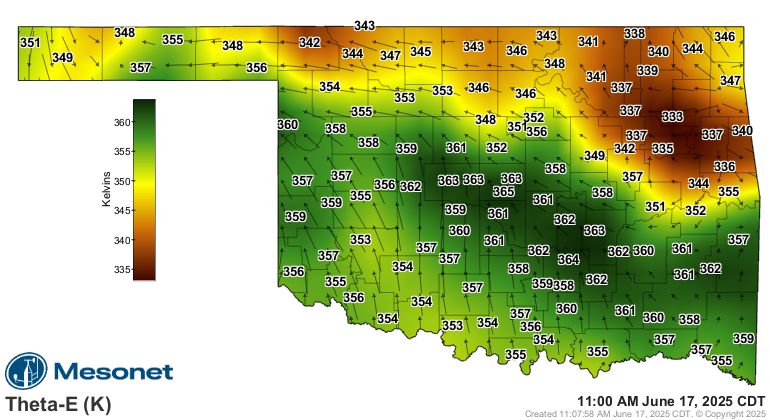 June 17, 2025 11:00 am CDT Oklahoma Mesonet Theta-E